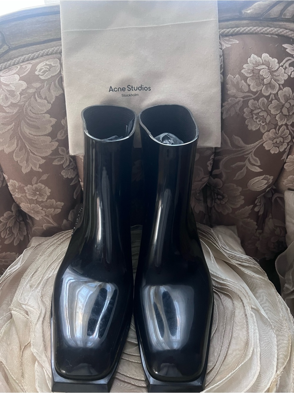 Acne Black Patent Square-Toe Ankle Boots - Picture 5 of 8